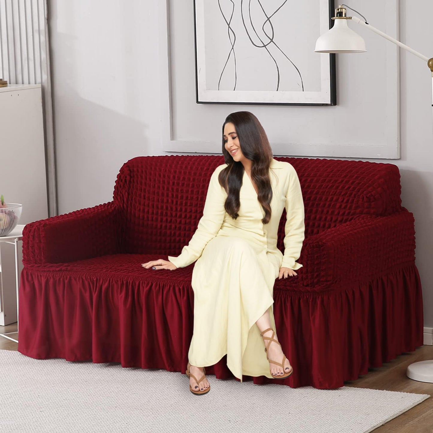 Elastic Stretchable 280 GSM Bubble Sofa Cover with Frill, Cherry Red