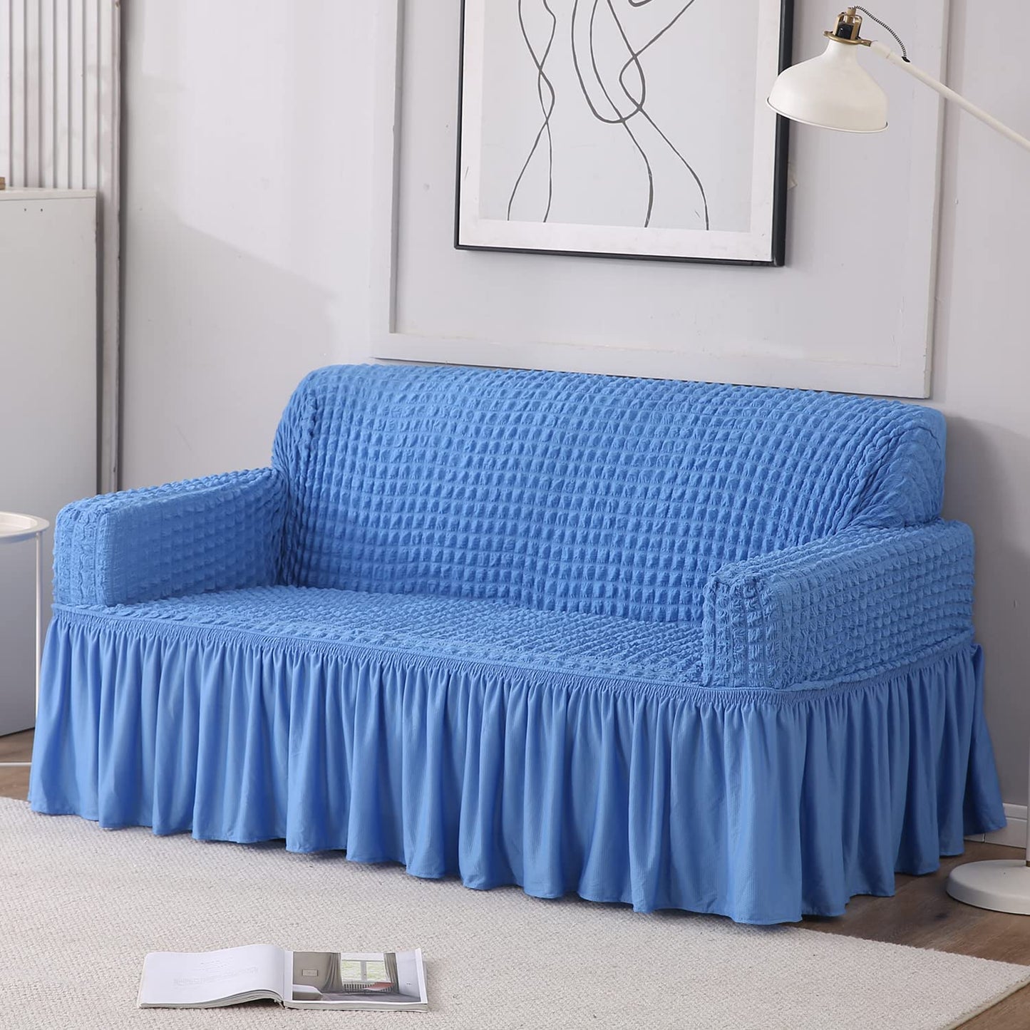 Elastic Stretchable 280 GSM Bubble Sofa Cover with Frill, Sky Blue
