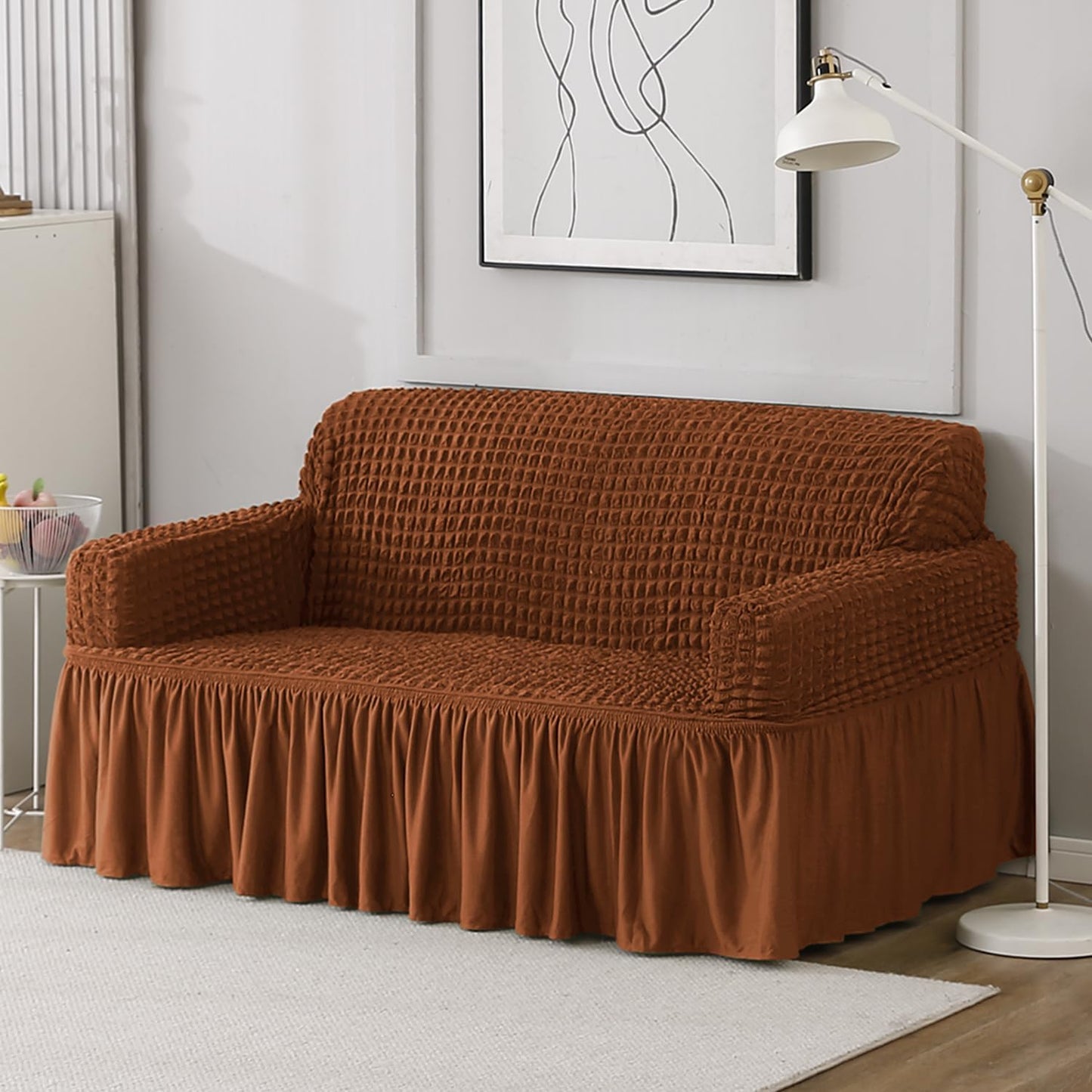 Elastic Stretchable Bubble Sofa Cover with Frill, Chocolate Brown