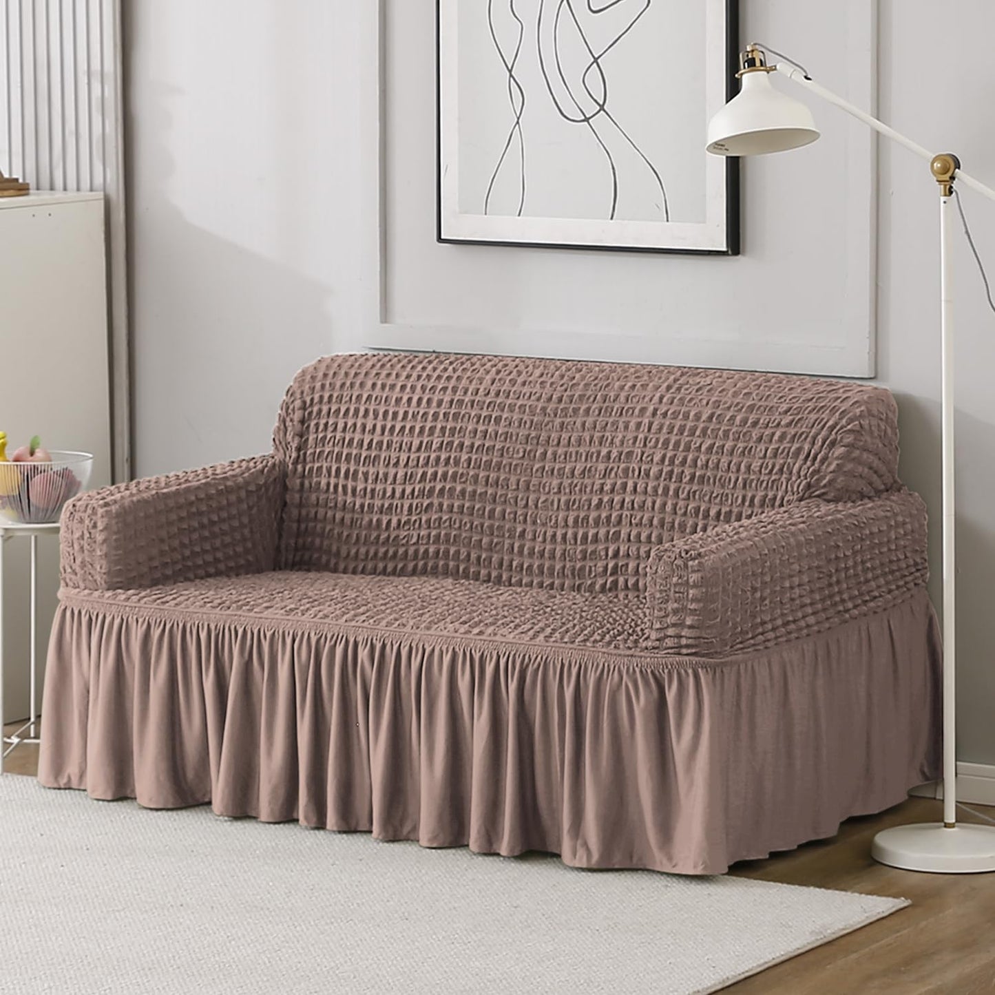 Elastic Stretchable Bubble Sofa Cover with Frill, Mocha