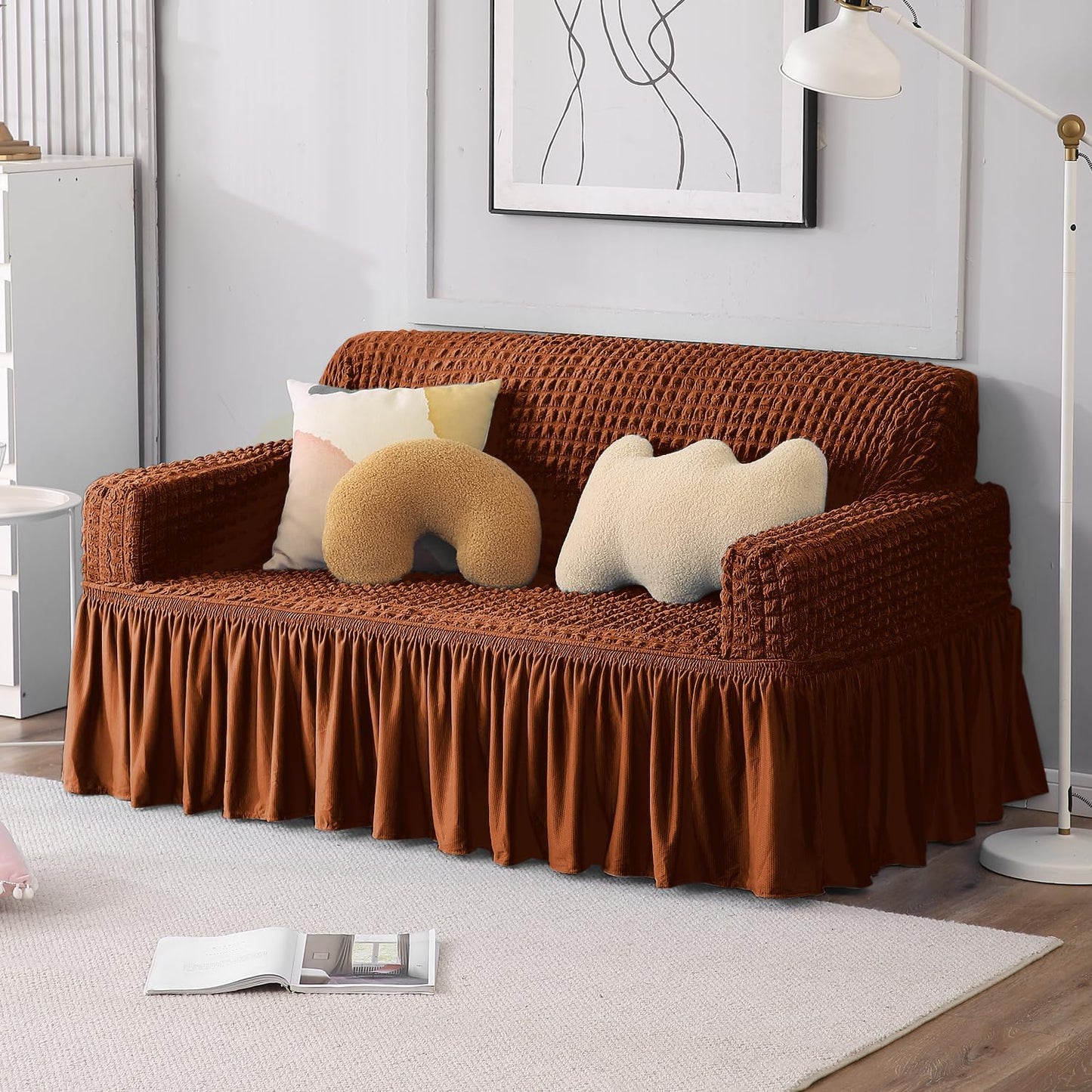 Elastic Stretchable Bubble Sofa Cover with Frill, Chocolate Brown