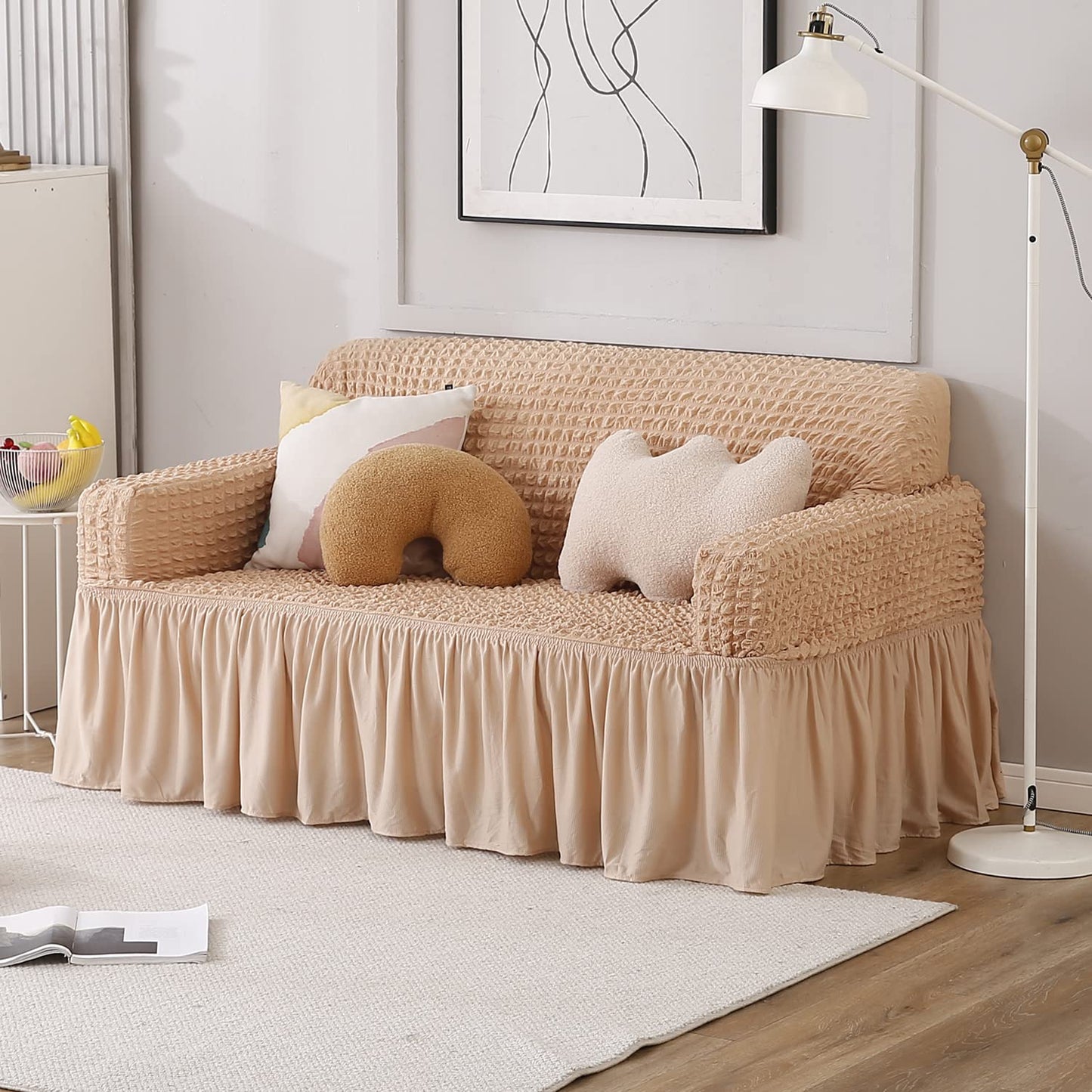 Elastic Stretchable 280 GSM Bubble Sofa Cover with Frill, Beige