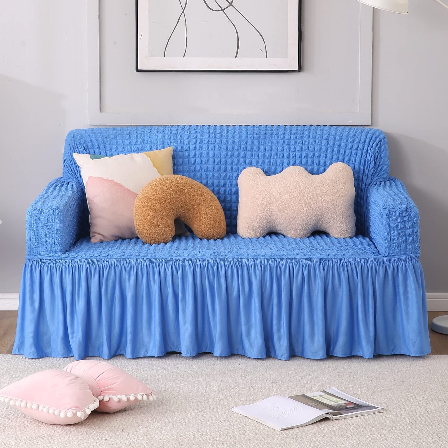 Elastic Stretchable 280 GSM Bubble Sofa Cover with Frill, Sky Blue
