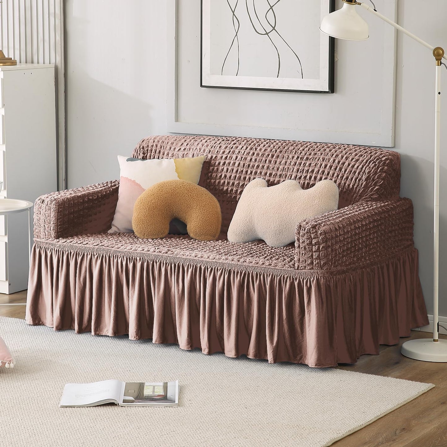 Elastic Stretchable Bubble Sofa Cover with Frill, Mocha