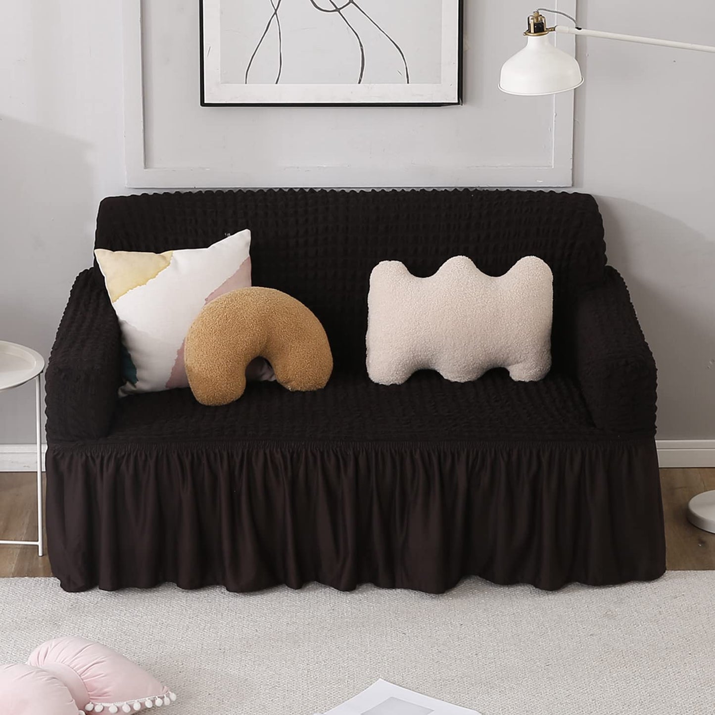 Elastic Stretchable Turkish 280 GSM Bubble Sofa Cover with Frill, Dark Chocolate