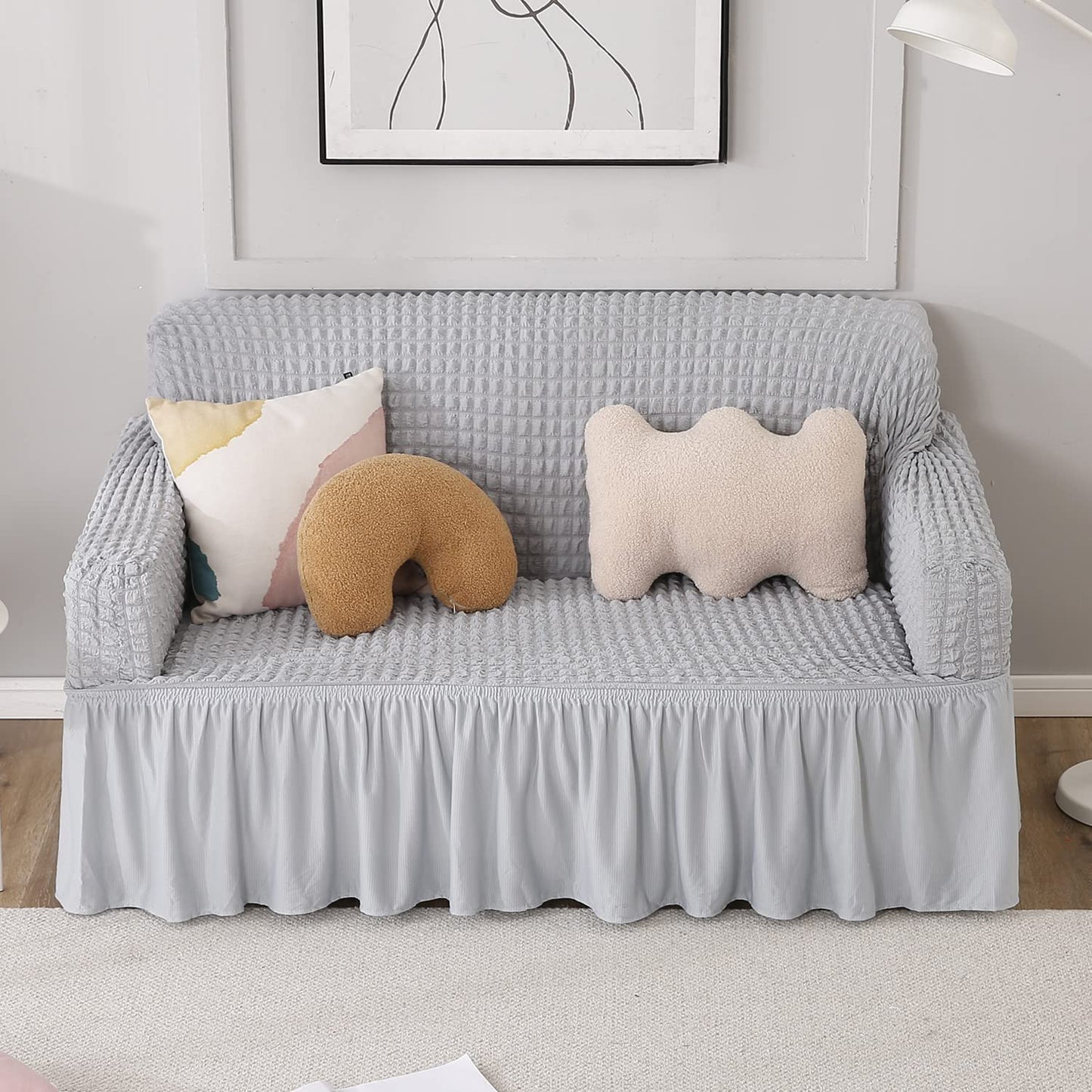 Elastic Stretchable 280 GSM Bubble Sofa Cover with Frill, Ash Grey