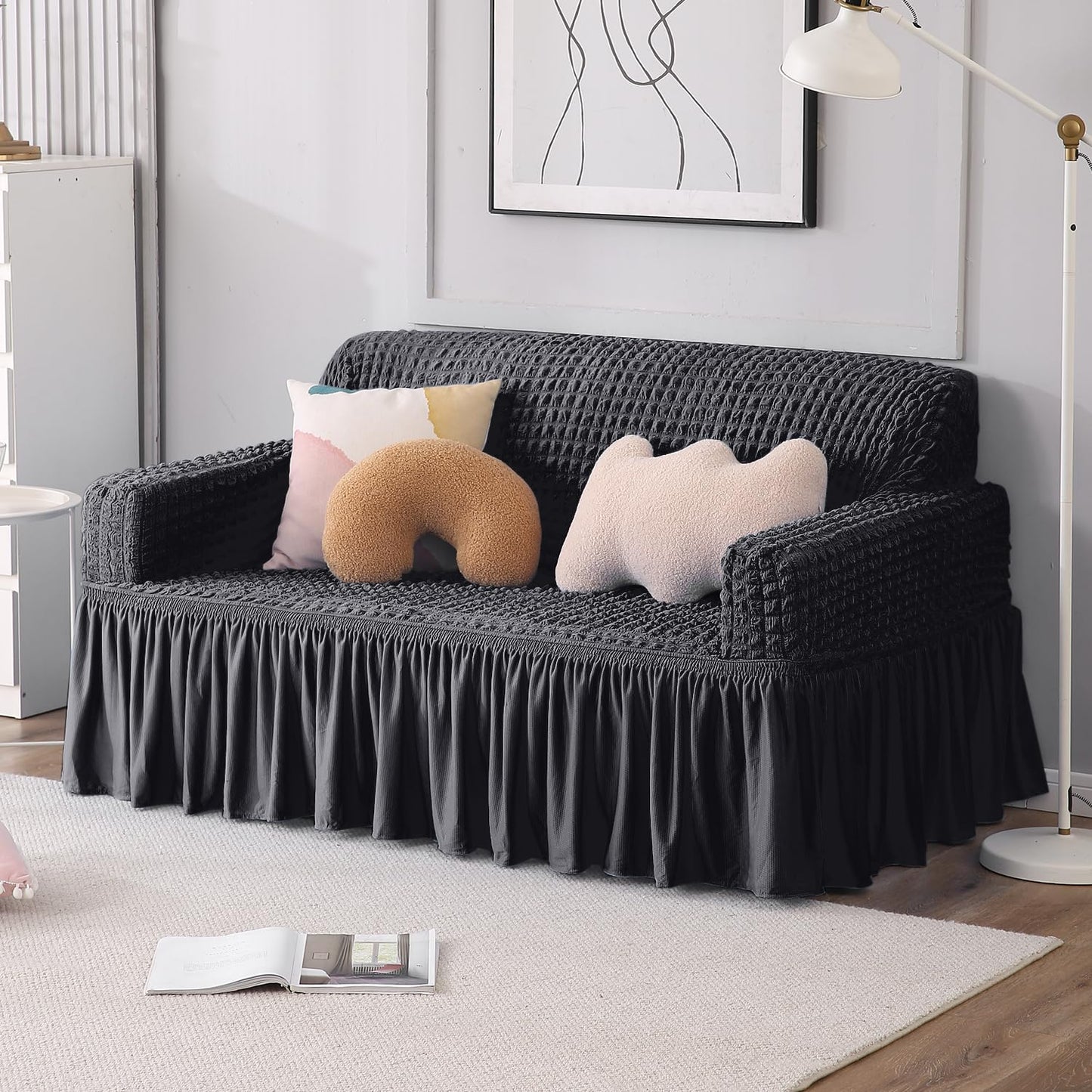 Elastic Stretchable Bubble Sofa Cover with Frill, Anchor Grey