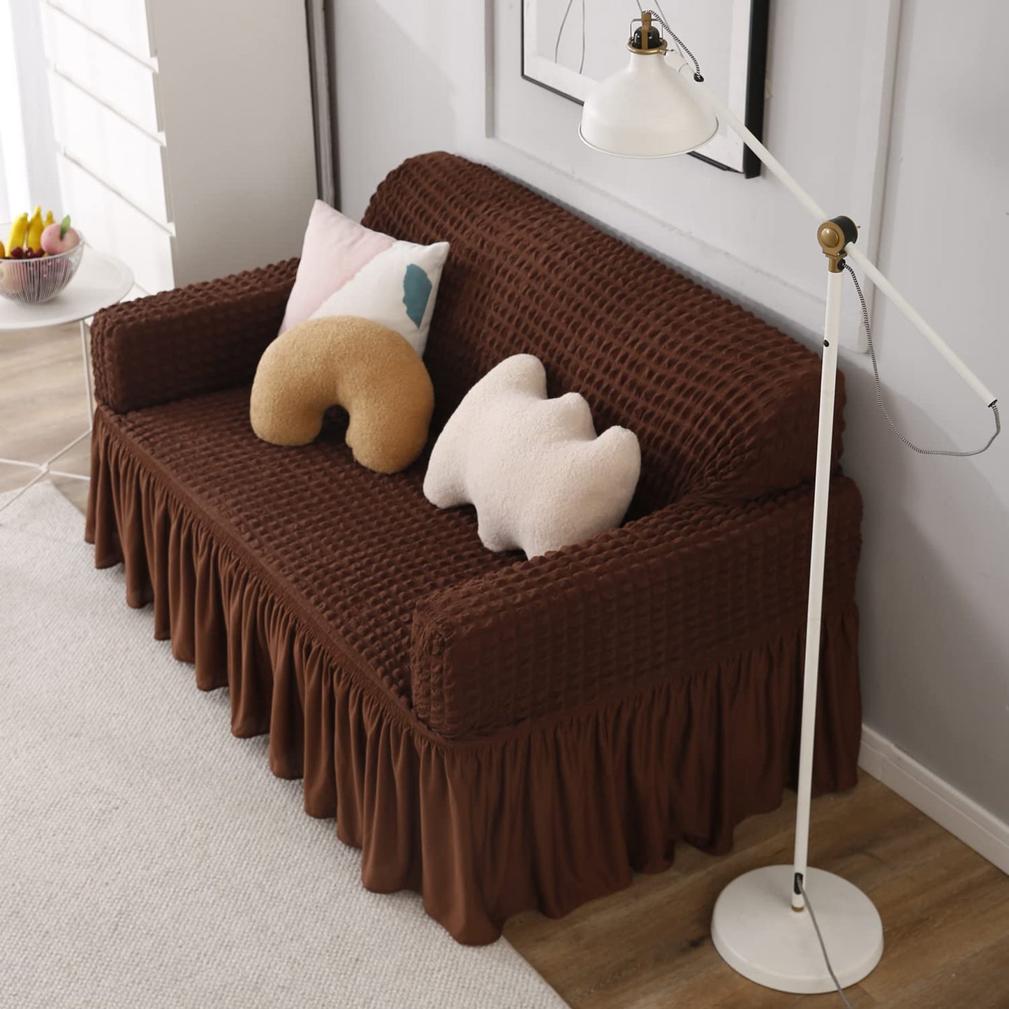 Elastic Stretchable 280 GSM Bubble Sofa Cover with Frill, Dark Brown