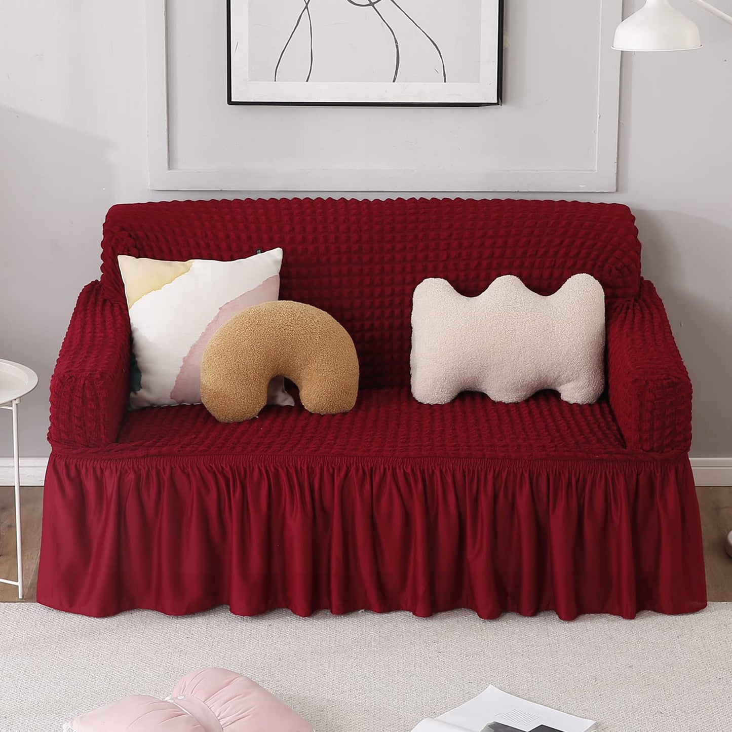 Elastic Stretchable 280 GSM Bubble Sofa Cover with Frill, Cherry Red