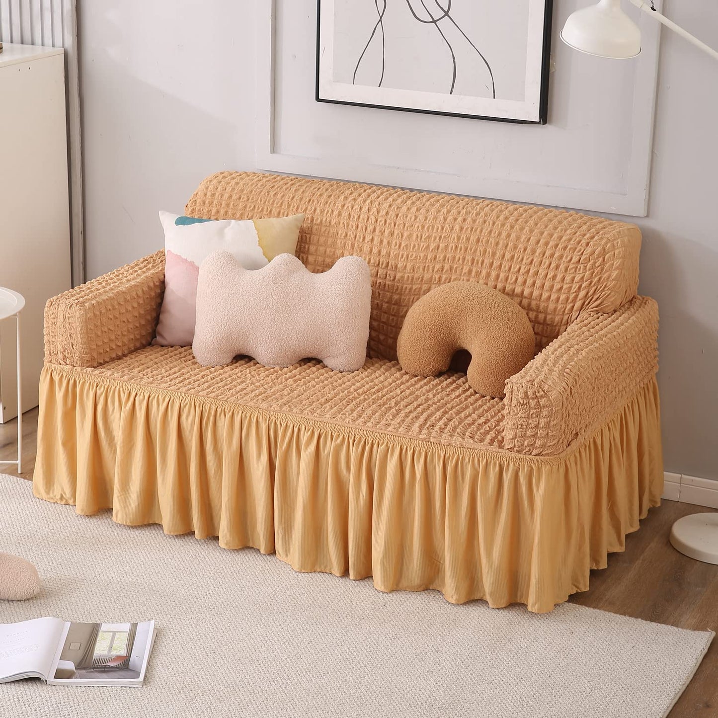 Elastic Stretchable 280 GSM Bubble Sofa Cover with Frill, Light Brown