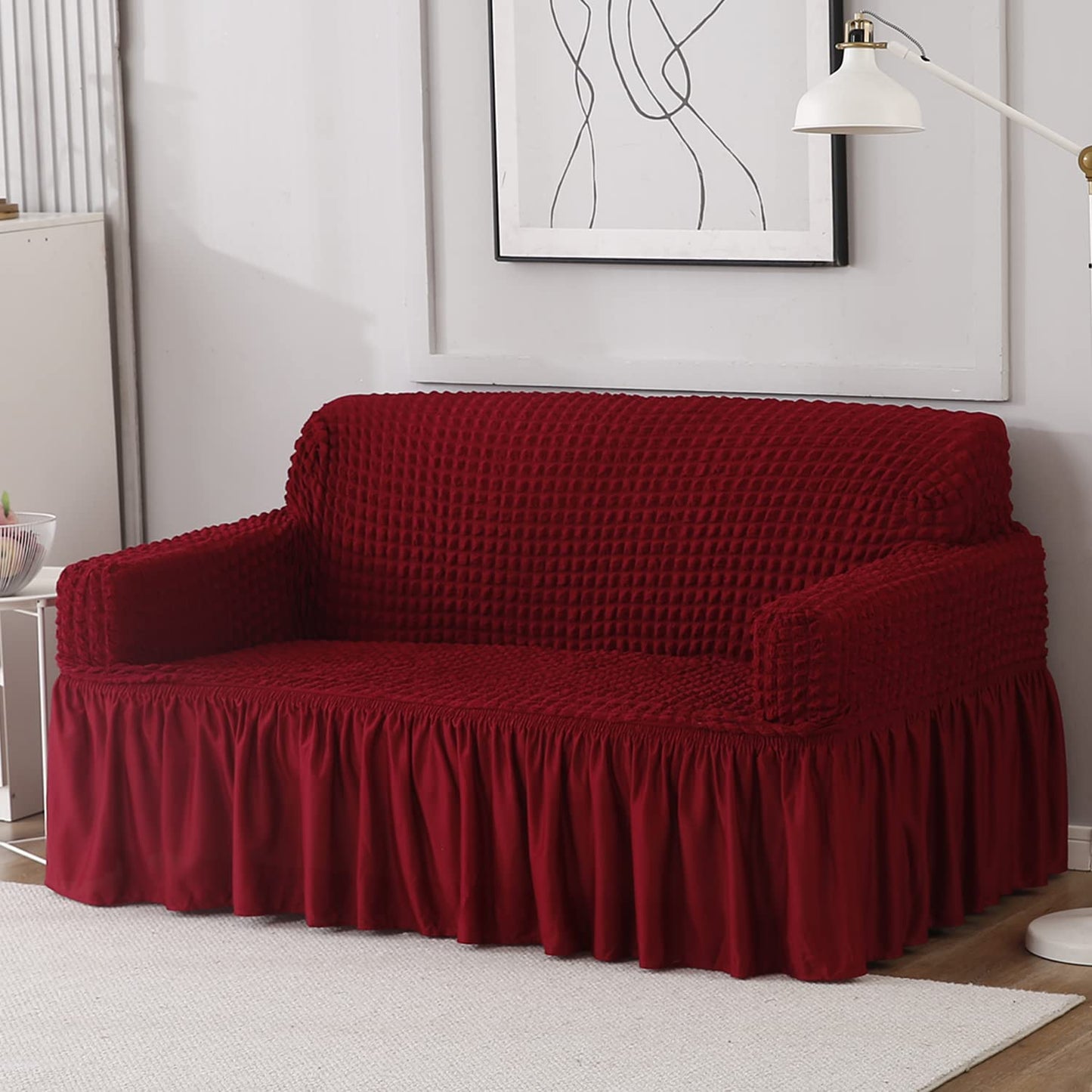 Elastic Stretchable 280 GSM Bubble Sofa Cover with Frill, Cherry Red