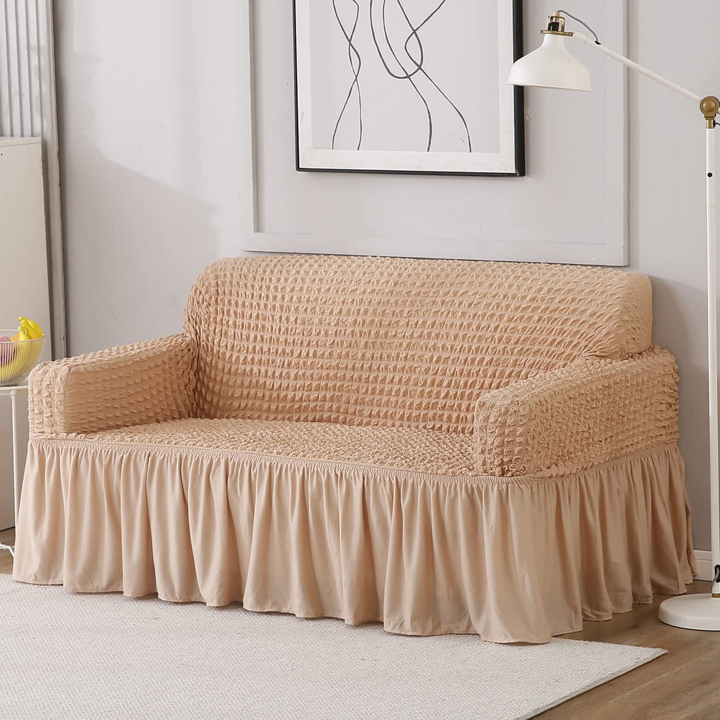 Elastic Stretchable 280 GSM Bubble Sofa Cover with Frill, Beige