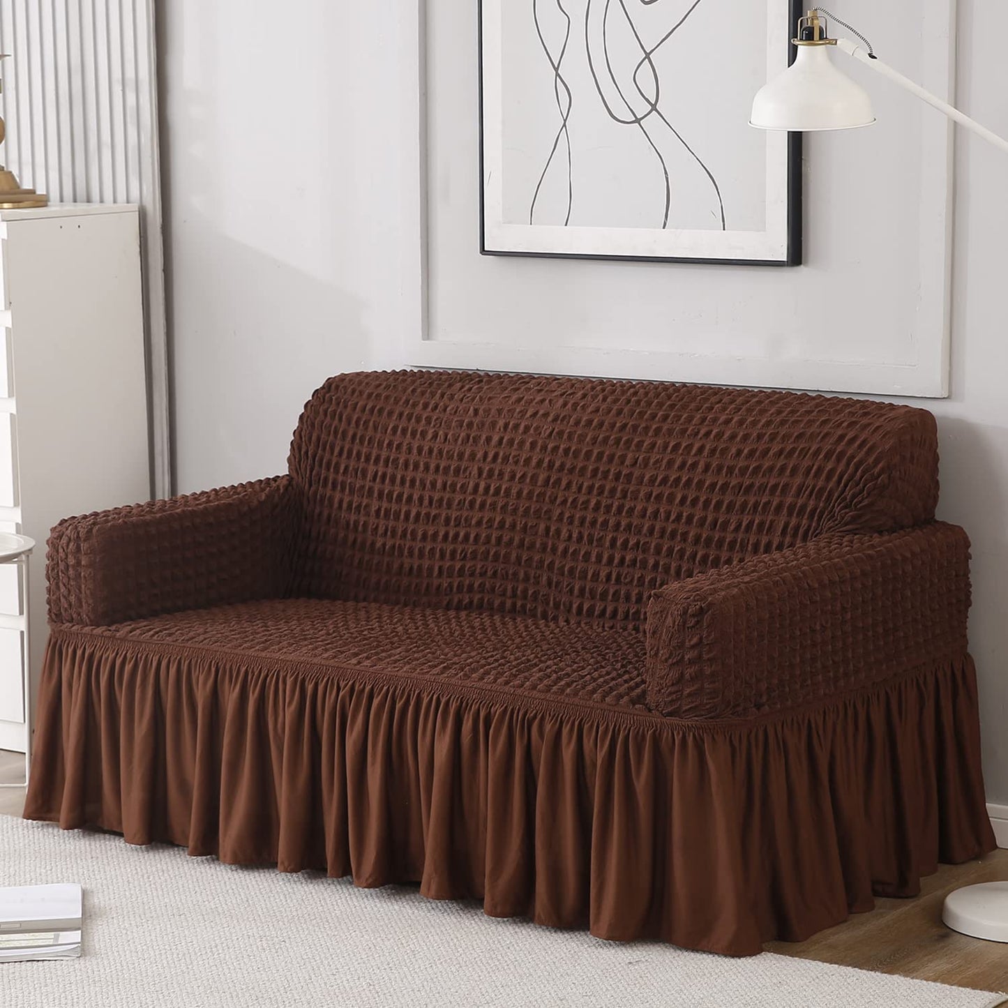 Elastic Stretchable 280 GSM Bubble Sofa Cover with Frill, Dark Brown