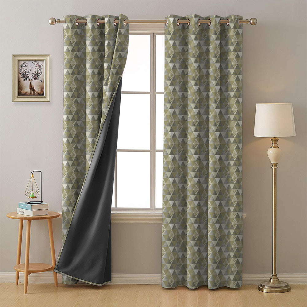 Petal Prism Geometric Dusty Olive Heavy Satin Room Darkening Curtains Set Of 2 - (DS339C)