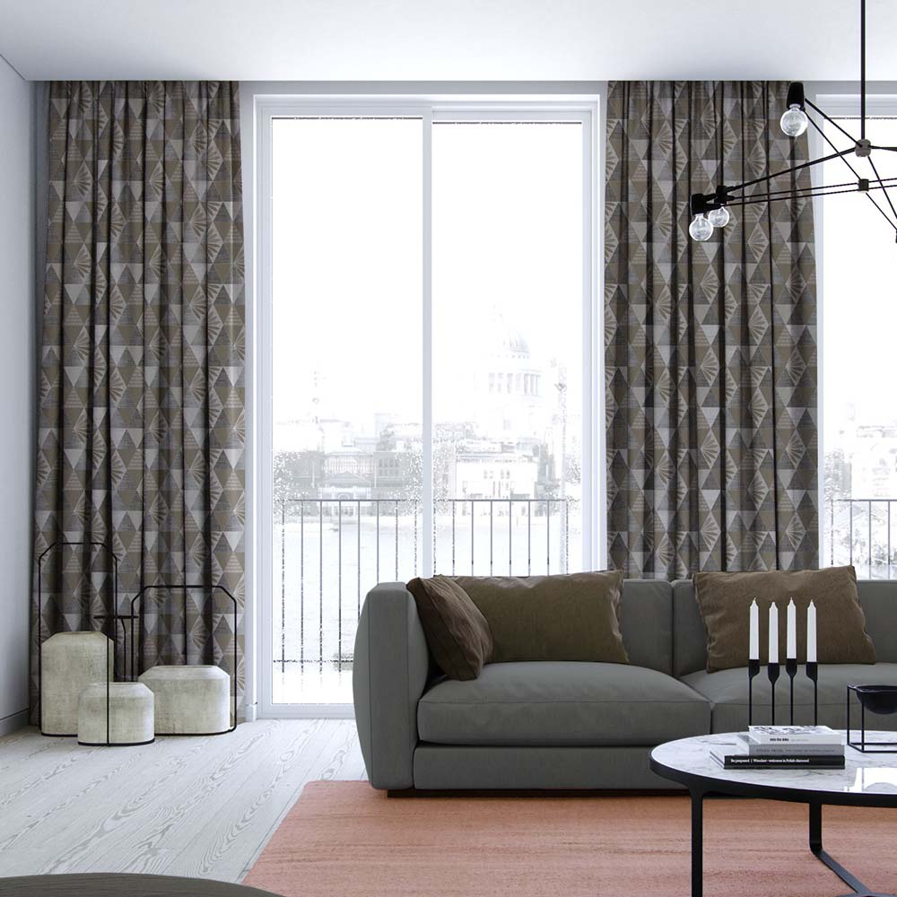 Petal Prism Geometric Cream Beige Heavy Satin Room Darkening Curtains Set Of 2 - (DS339E)