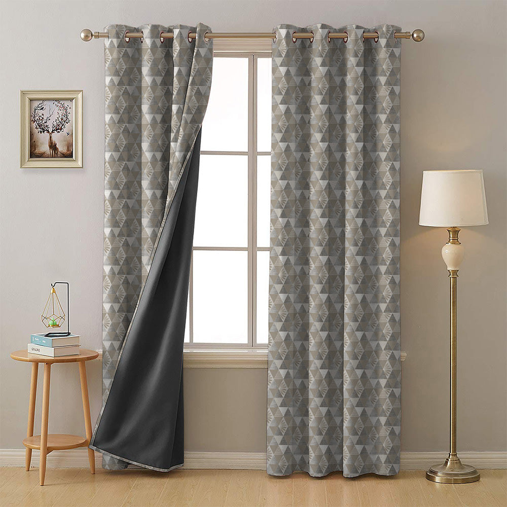 Petal Prism Geometric Cream Beige Heavy Satin Room Darkening Curtains Set Of 2 - (DS339E)