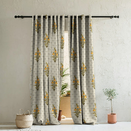 Mystical Meadows Floral Lemon Yellow Heavy Satin Room Darkening Curtains Set Of 2 - (DS343C)