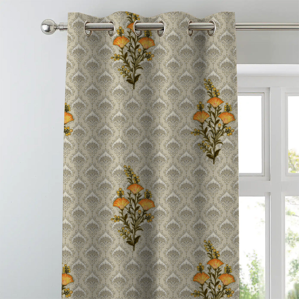 Mystical Meadows Floral Lemon Yellow Heavy Satin Room Darkening Curtains Set Of 2 - (DS343C)
