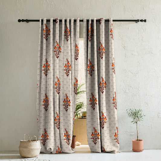 Mystical Meadows Floral Pastel Orange Heavy Satin Room Darkening Curtains Set Of 2 - (DS343D)