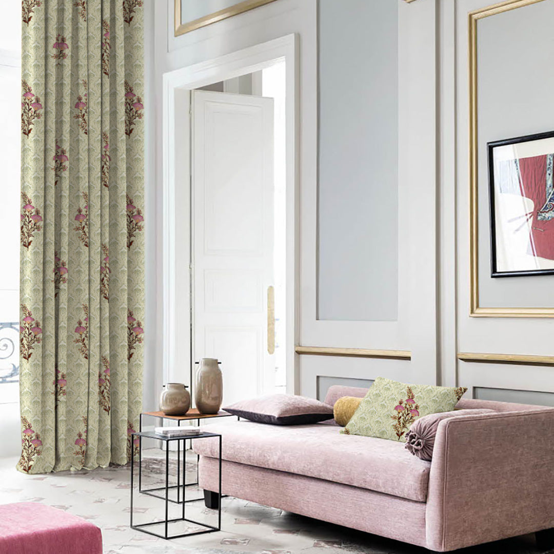 Mystical Meadows Floral Soft Pink Heavy Satin Room Darkening Curtains Set Of 2 - (DS343E)