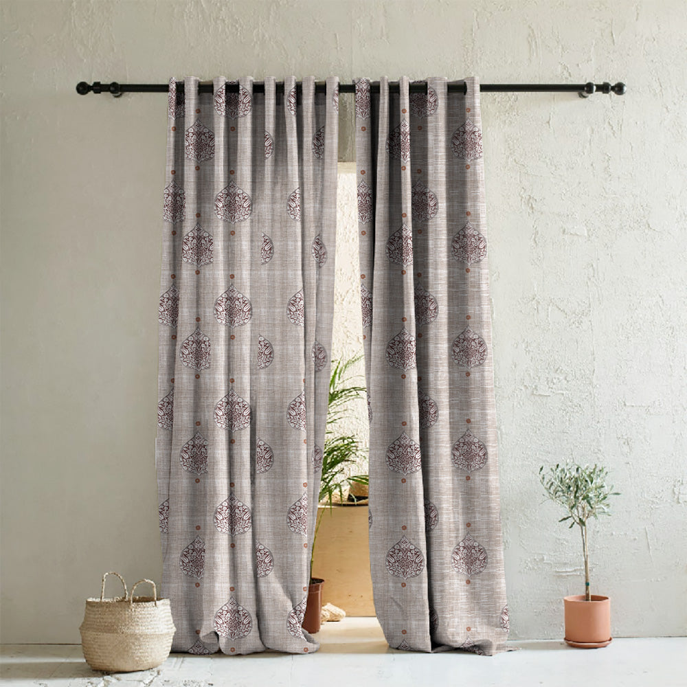 Leafy Charms Indie Wine Heavy Satin Room Darkening Curtains Set Of 2 - (DS347C)