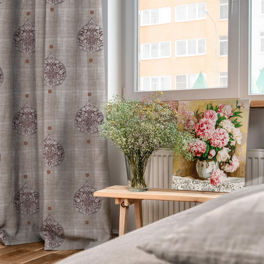 Leafy Charms Indie Wine Heavy Satin Room Darkening Curtains Set Of 2 - (DS347C)