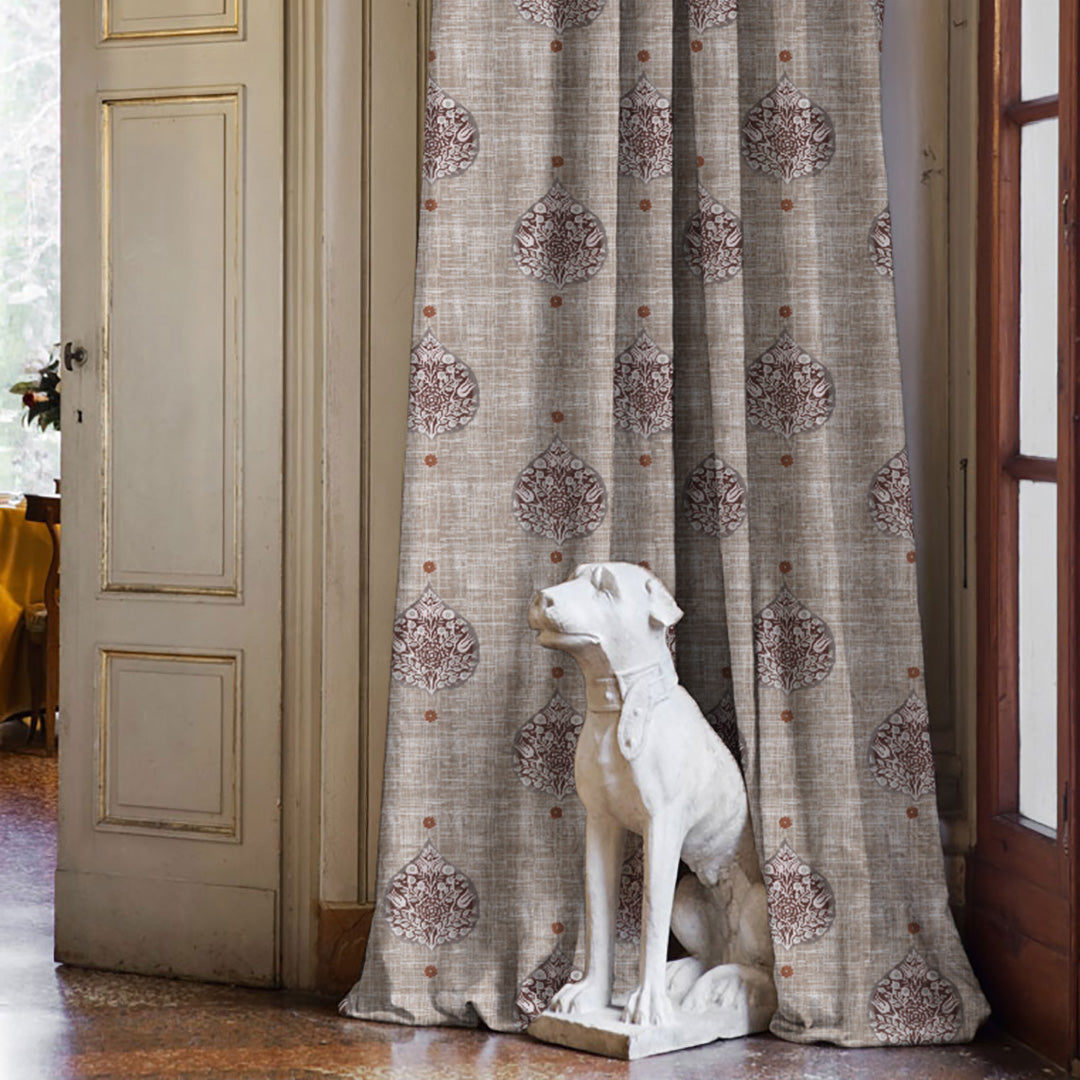 Leafy Charms Indie Wine Heavy Satin Room Darkening Curtains Set Of 2 - (DS347C)