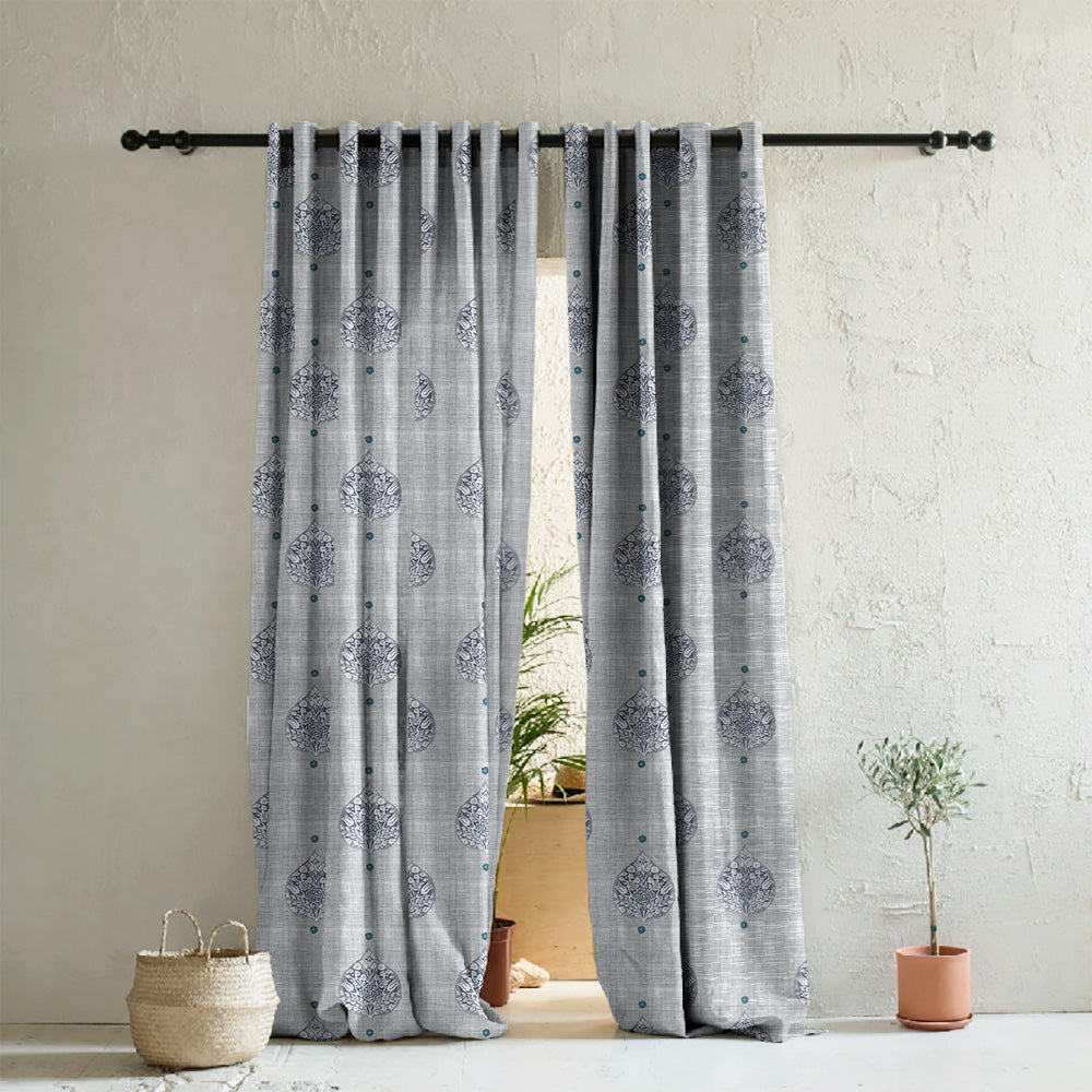 Leafy Charms Indie Navy Blue Heavy Satin Room Darkening Curtains Set Of 2 - (DS347E)