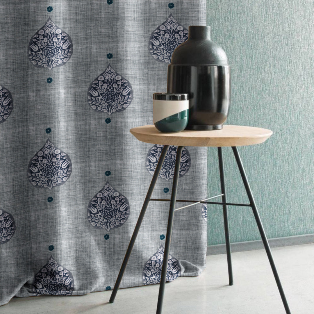 Leafy Charms Indie Navy Blue Heavy Satin Room Darkening Curtains Set Of 2 - (DS347E)