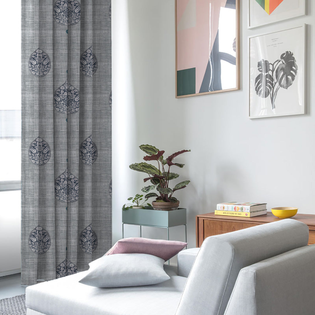 Leafy Charms Indie Navy Blue Heavy Satin Room Darkening Curtains Set Of 2 - (DS347E)