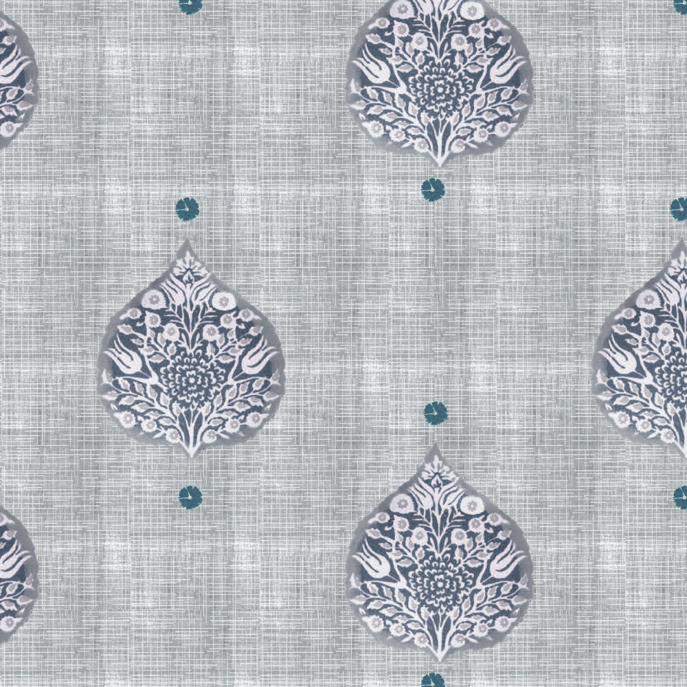 Leafy Charms Indie Navy Blue Heavy Satin Room Darkening Curtains Set Of 2 - (DS347E)