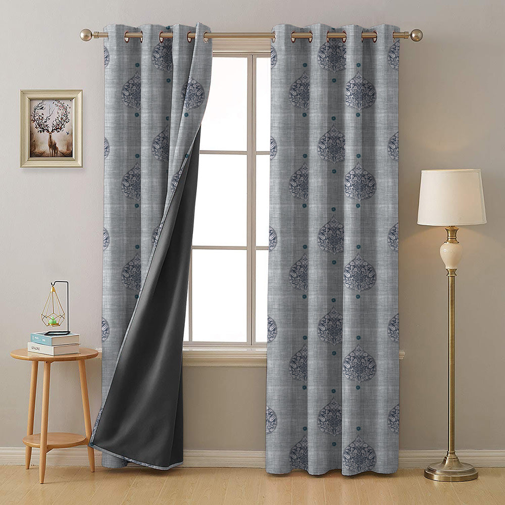 Leafy Charms Indie Navy Blue Heavy Satin Room Darkening Curtains Set Of 2 - (DS347E)