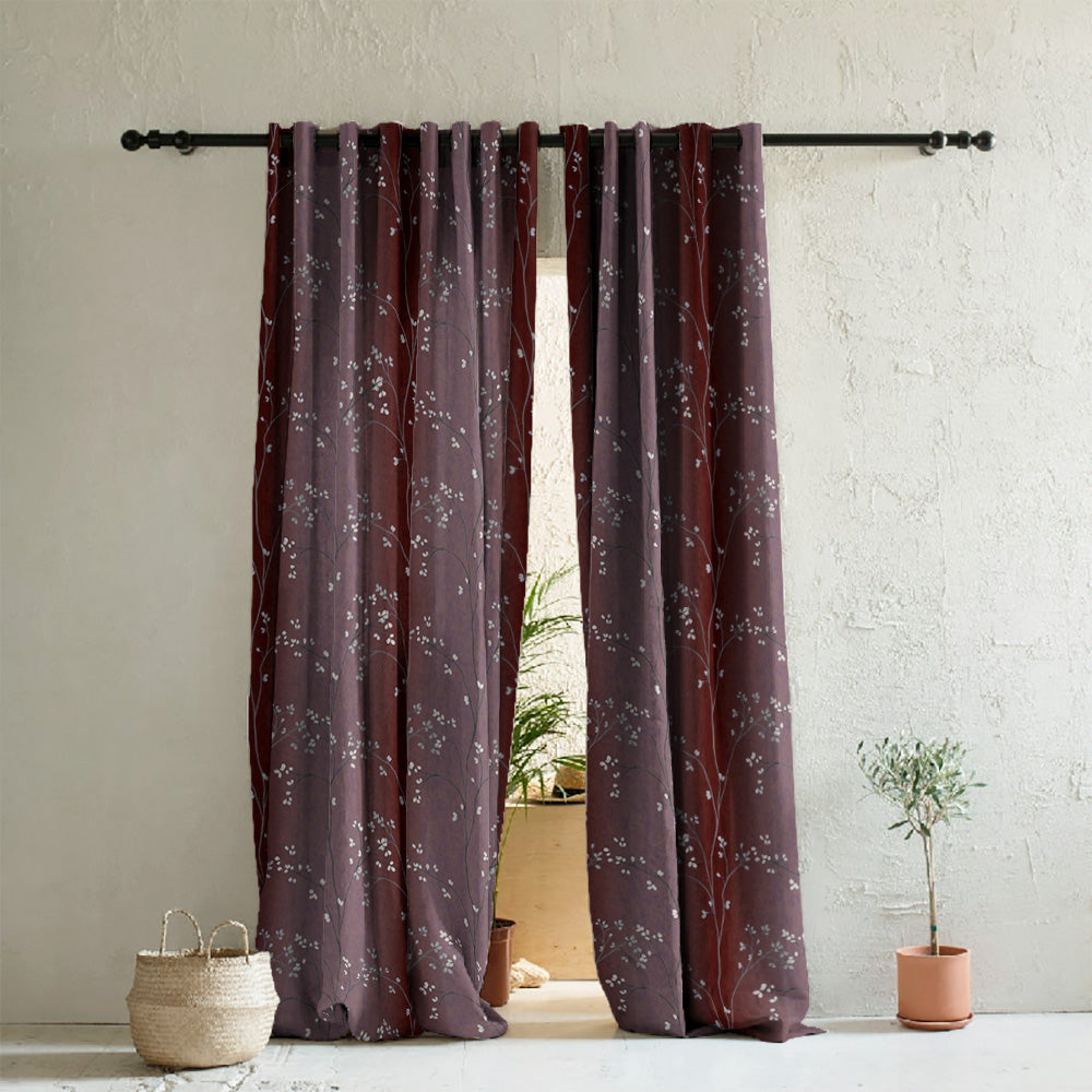 Mini Floral Trellis Floral Maroon Heavy Satin Room Darkening Curtains Set Of 2 - (DS357B)