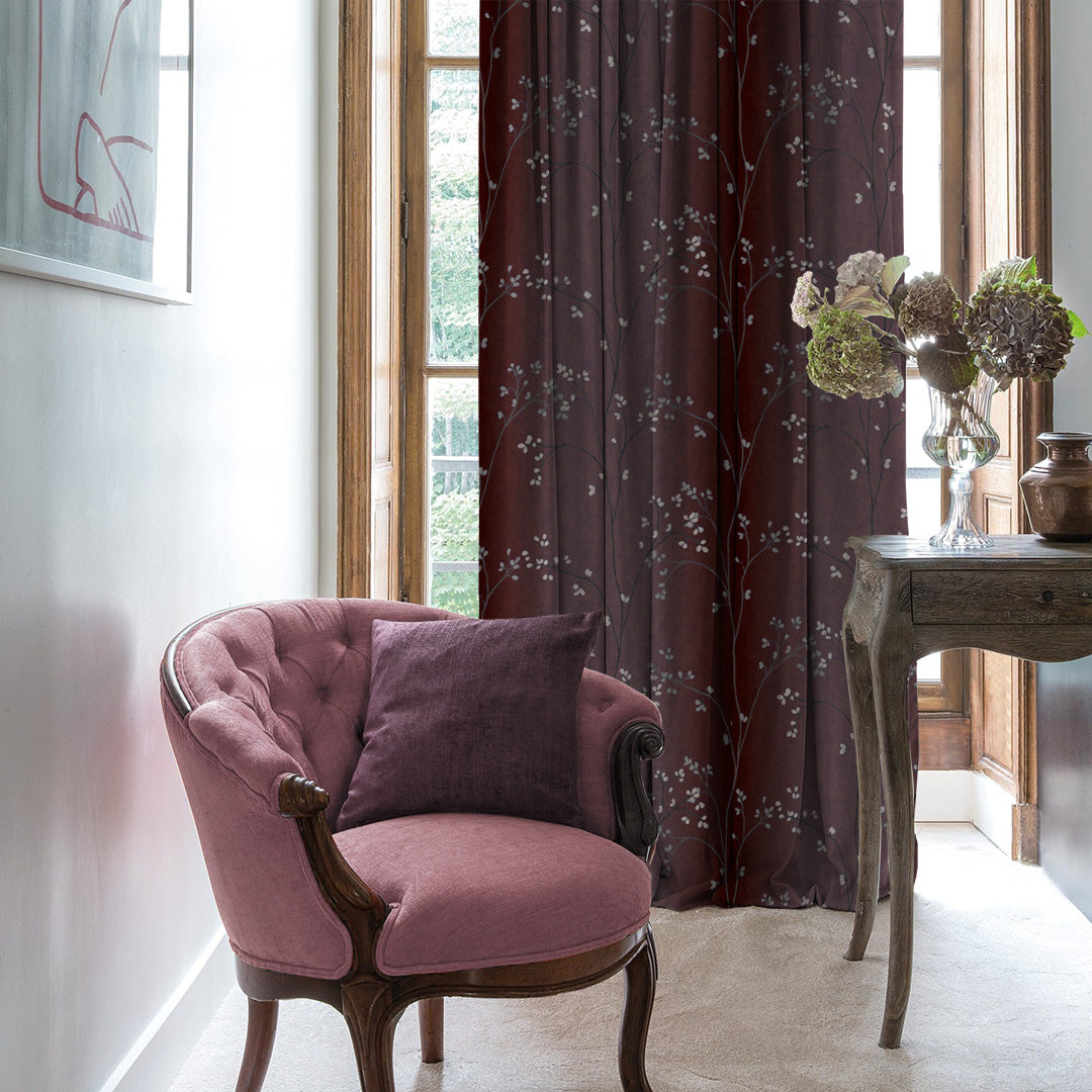 Mini Floral Trellis Floral Maroon Heavy Satin Room Darkening Curtains Set Of 2 - (DS357B)