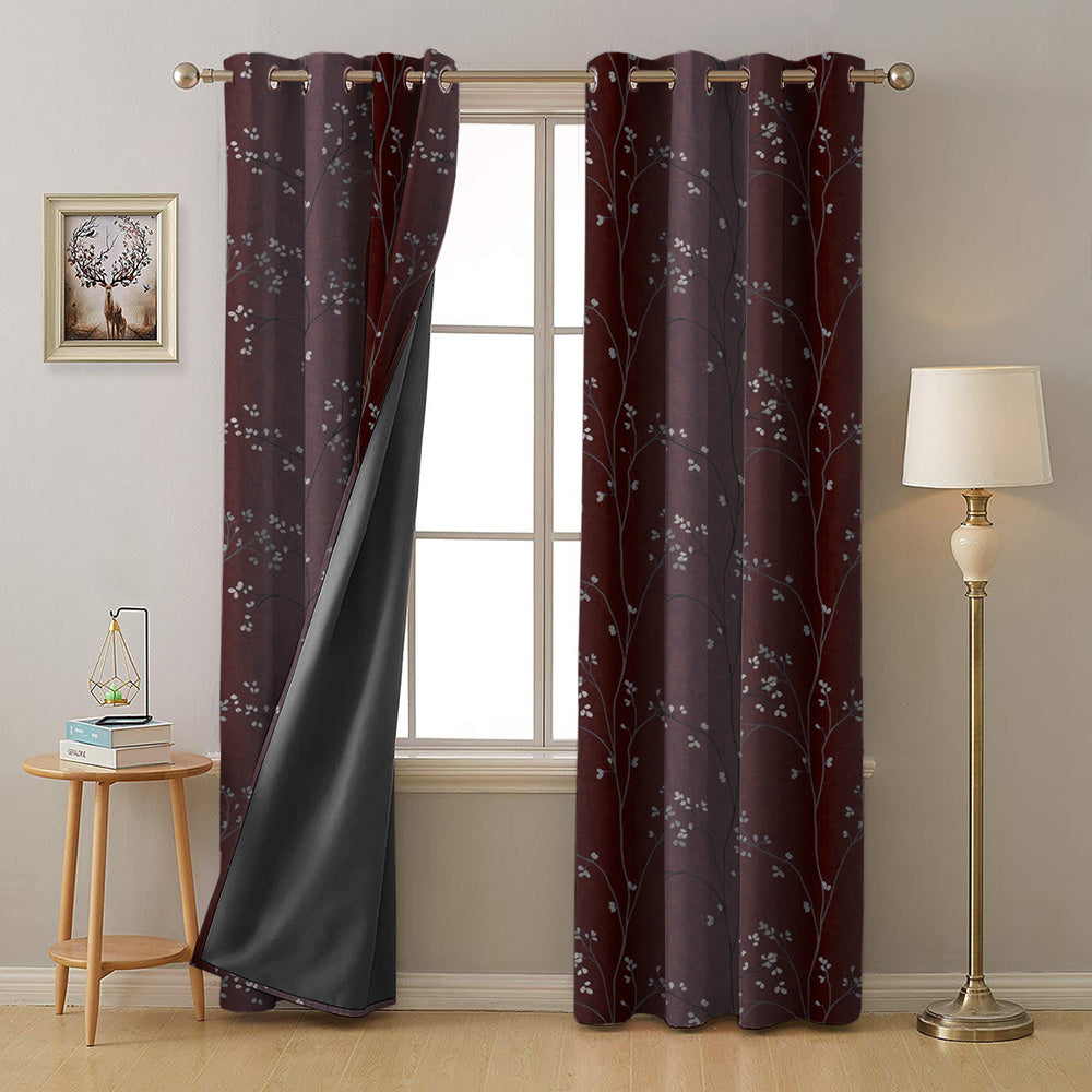 Mini Floral Trellis Floral Maroon Heavy Satin Room Darkening Curtains Set Of 2 - (DS357B)
