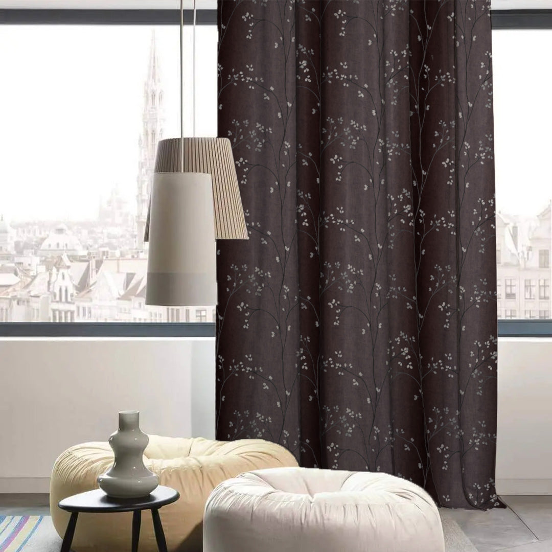 Mini Floral Trellis Floral Chocolate Brown Heavy Satin Room Darkening Curtains Set Of 2 - (DS357C)