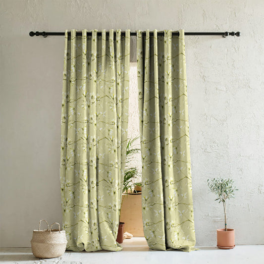 Blossoming Vines Floral Tea Green Heavy Satin Room Darkening Curtains Set Of 2 - (DS367B)