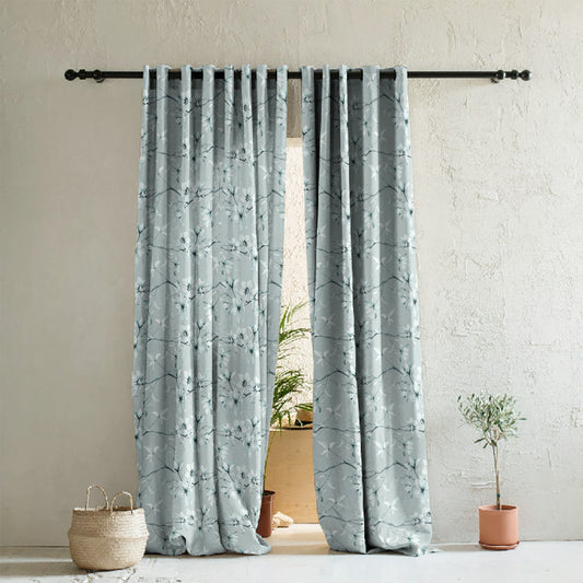Blossoming Vines Floral Pastel Blue Heavy Satin Room Darkening Curtains Set Of 2 - (DS367E)