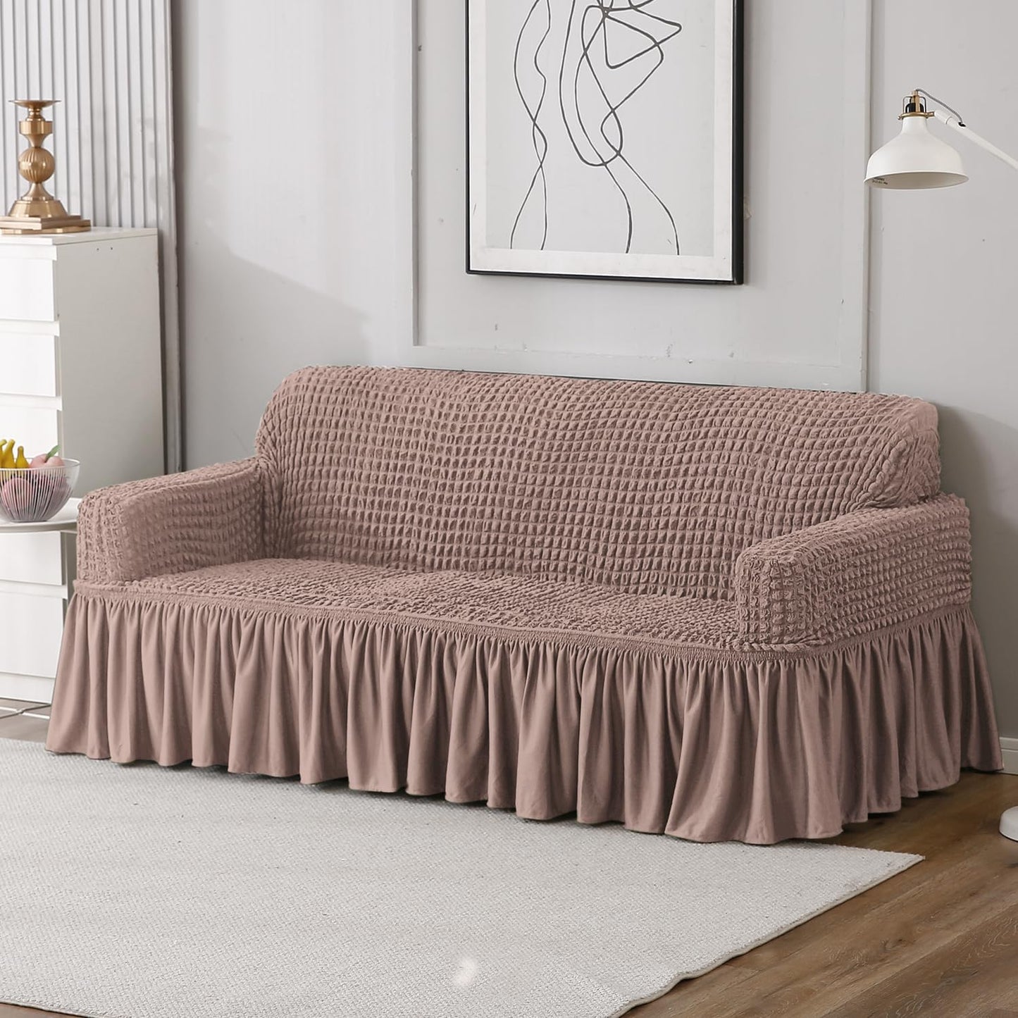 Elastic Stretchable Bubble Sofa Cover with Frill, Mocha