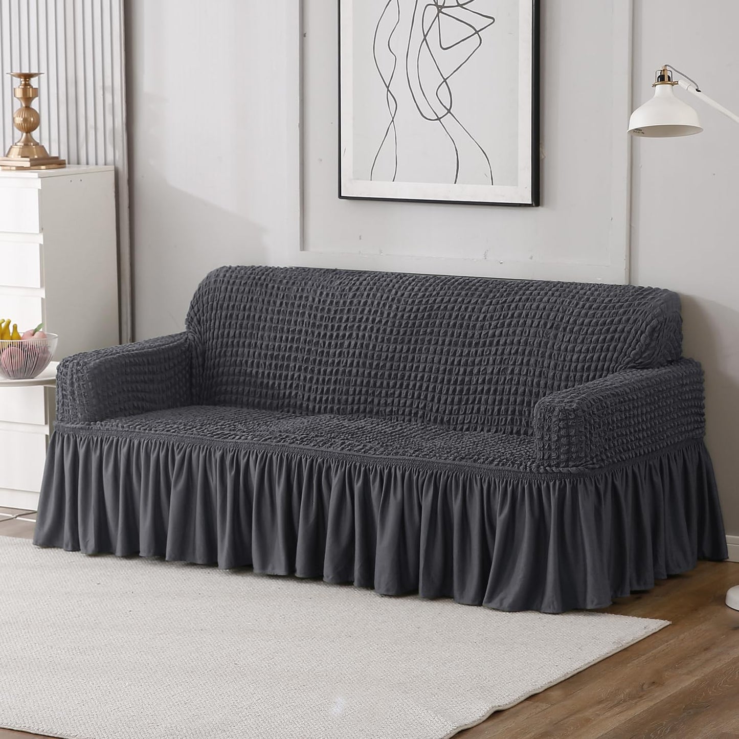 Elastic Stretchable Bubble Sofa Cover with Frill, Anchor Grey