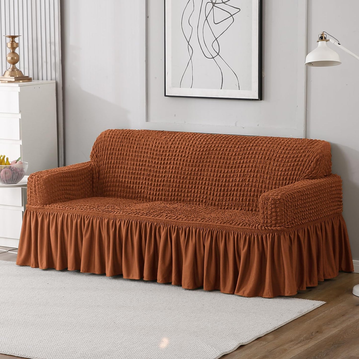 Elastic Stretchable Bubble Sofa Cover with Frill, Chocolate Brown
