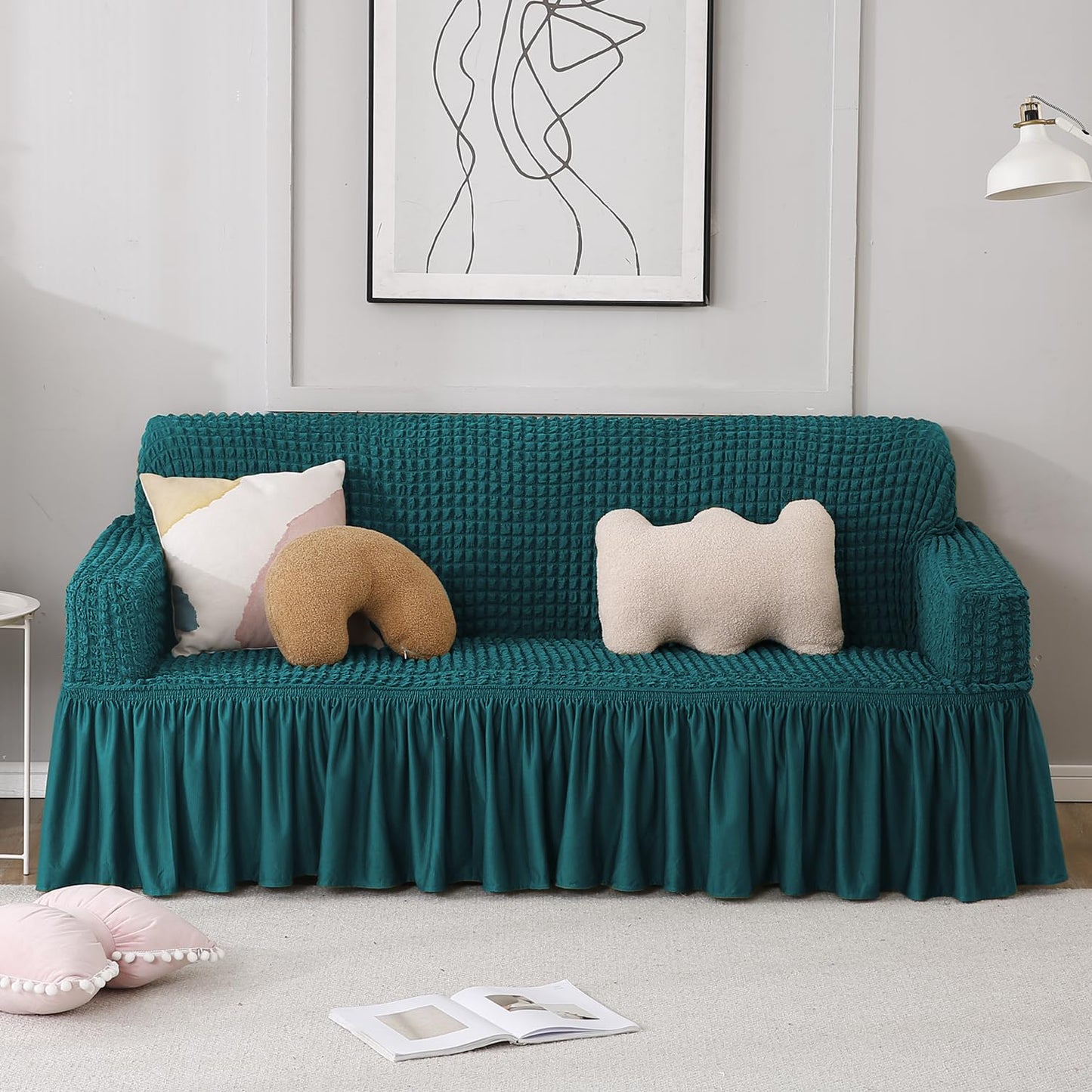 Elastic Stretchable Bubble Sofa Cover with Frill, Teal