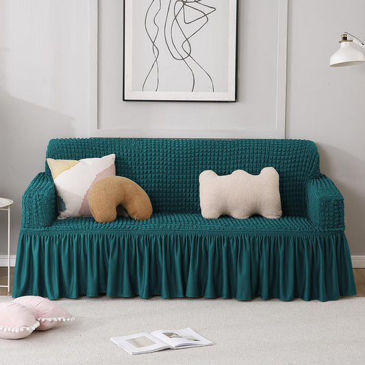 Elastic Stretchable Bubble Sofa Cover with Frill, Teal