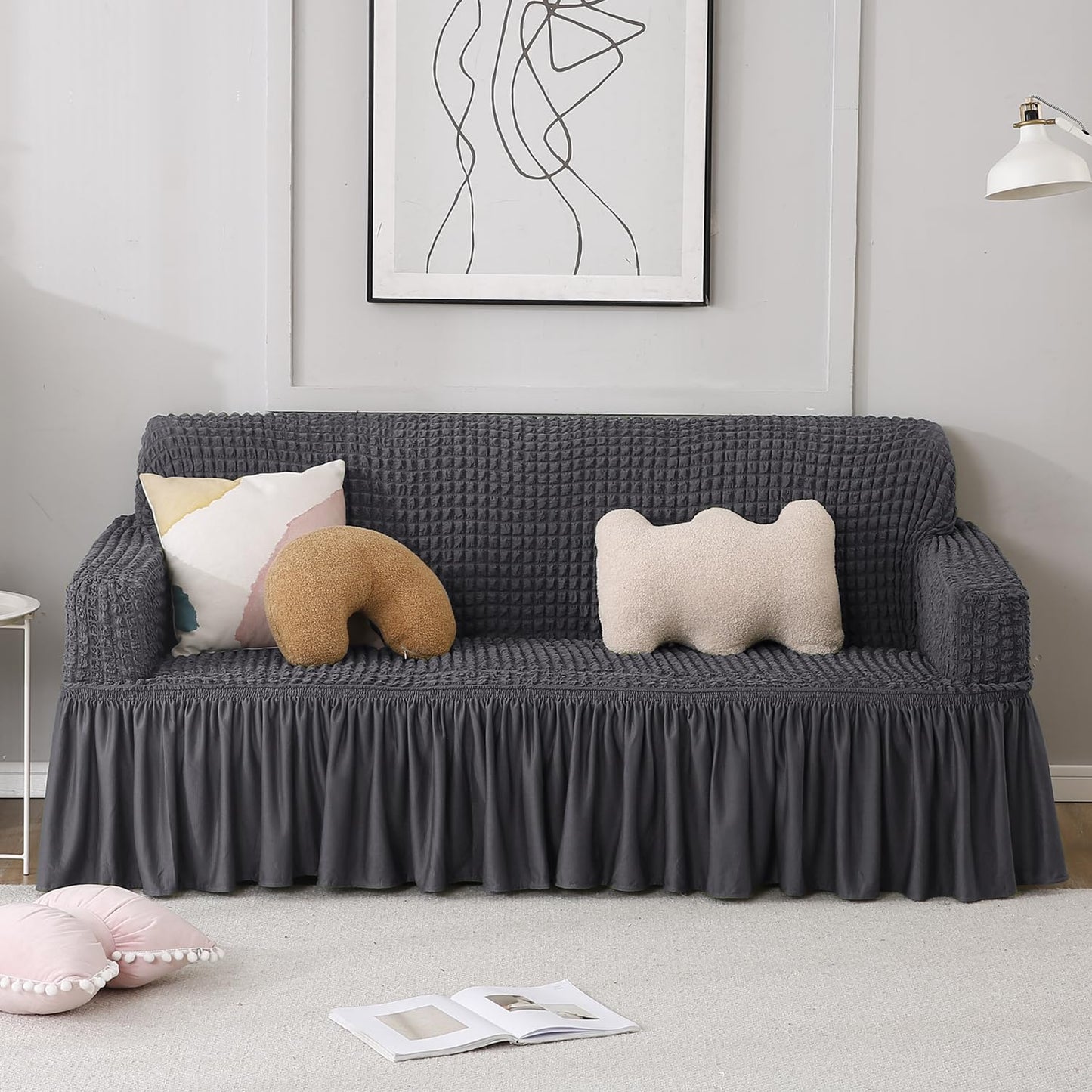 Elastic Stretchable Bubble Sofa Cover with Frill, Anchor Grey