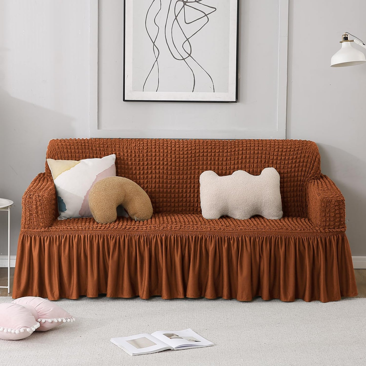 Elastic Stretchable Bubble Sofa Cover with Frill, Chocolate Brown