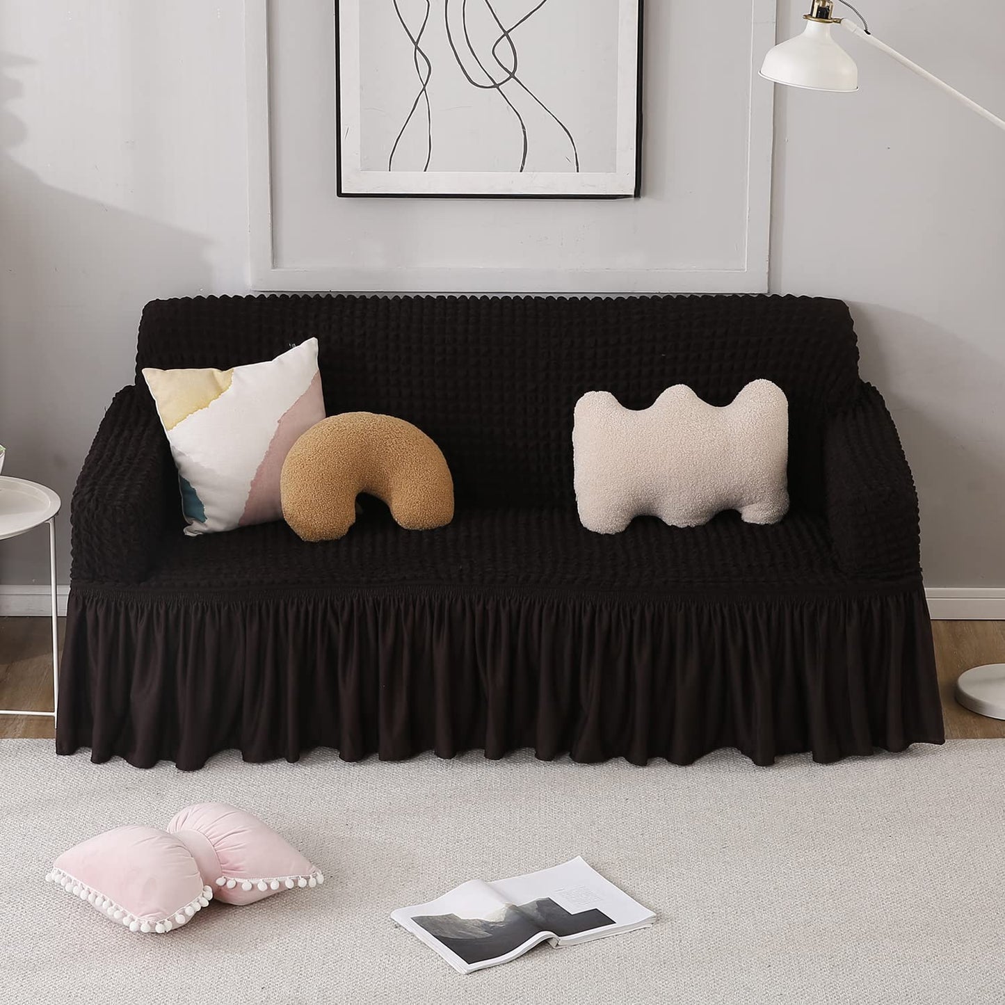 Elastic Stretchable Turkish 280 GSM Bubble Sofa Cover with Frill, Dark Chocolate
