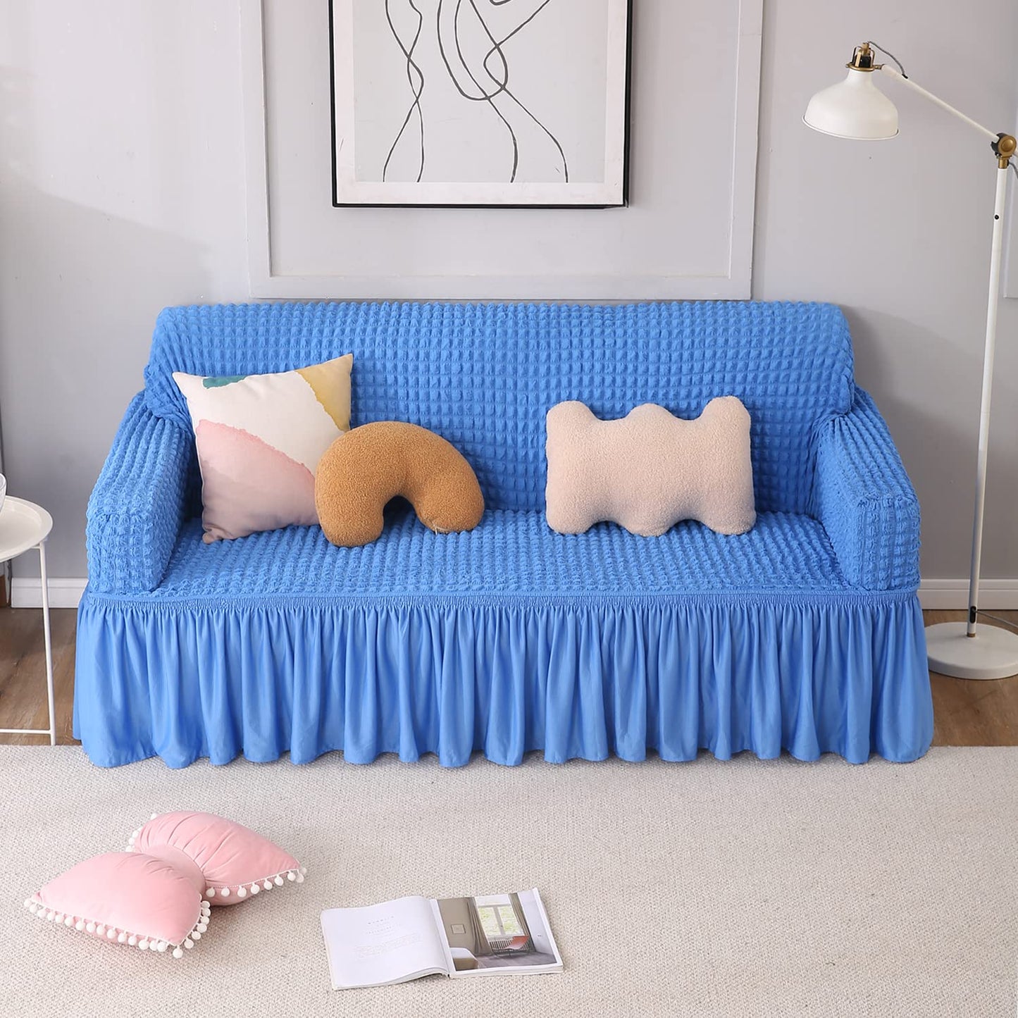 Elastic Stretchable 280 GSM Bubble Sofa Cover with Frill, Sky Blue