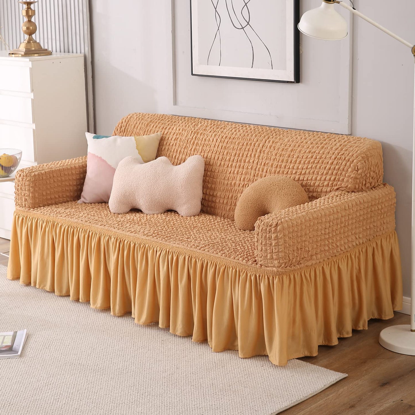 Elastic Stretchable 280 GSM Bubble Sofa Cover with Frill, Light Brown