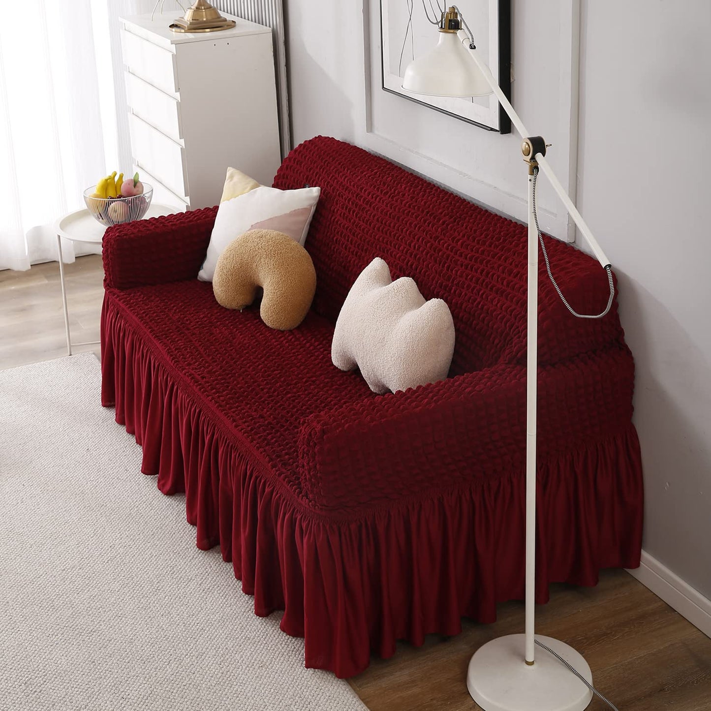 Elastic Stretchable 280 GSM Bubble Sofa Cover with Frill, Cherry Red