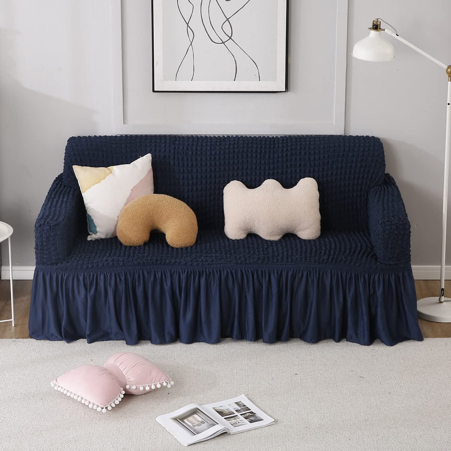 Elastic Stretchable 280 GSM Bubble Sofa Cover with Frill, Navy Blue